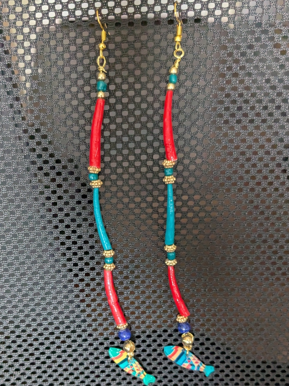 Indigenous Red & Turquoise Dentalium Shell Tribal Fish Drop Dangle Earrings - Picture 4 of 4